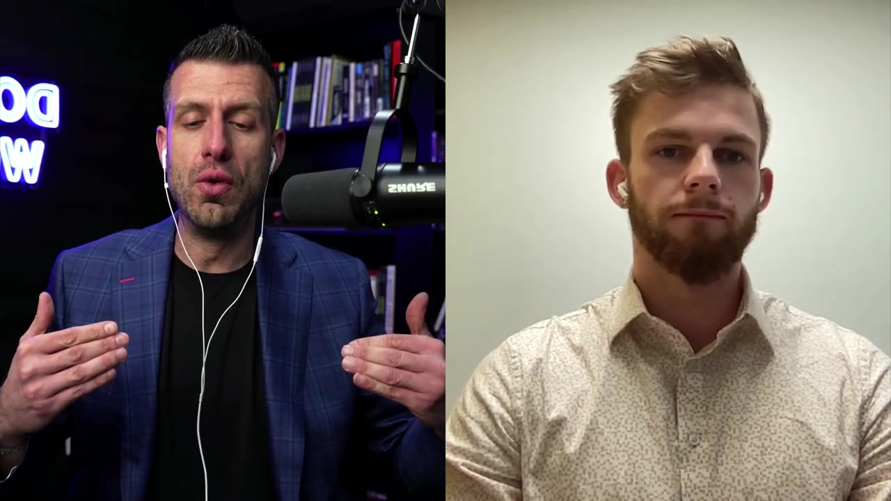 Split-screen video call: Brandon Mulrenin on the left in a studio, the agent Asher on the right against a plain wall