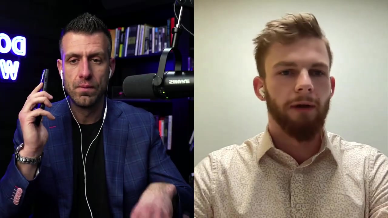 Split-screen role-play: Brandon holds a phone to his ear as the homeowner while Asher delivers the script