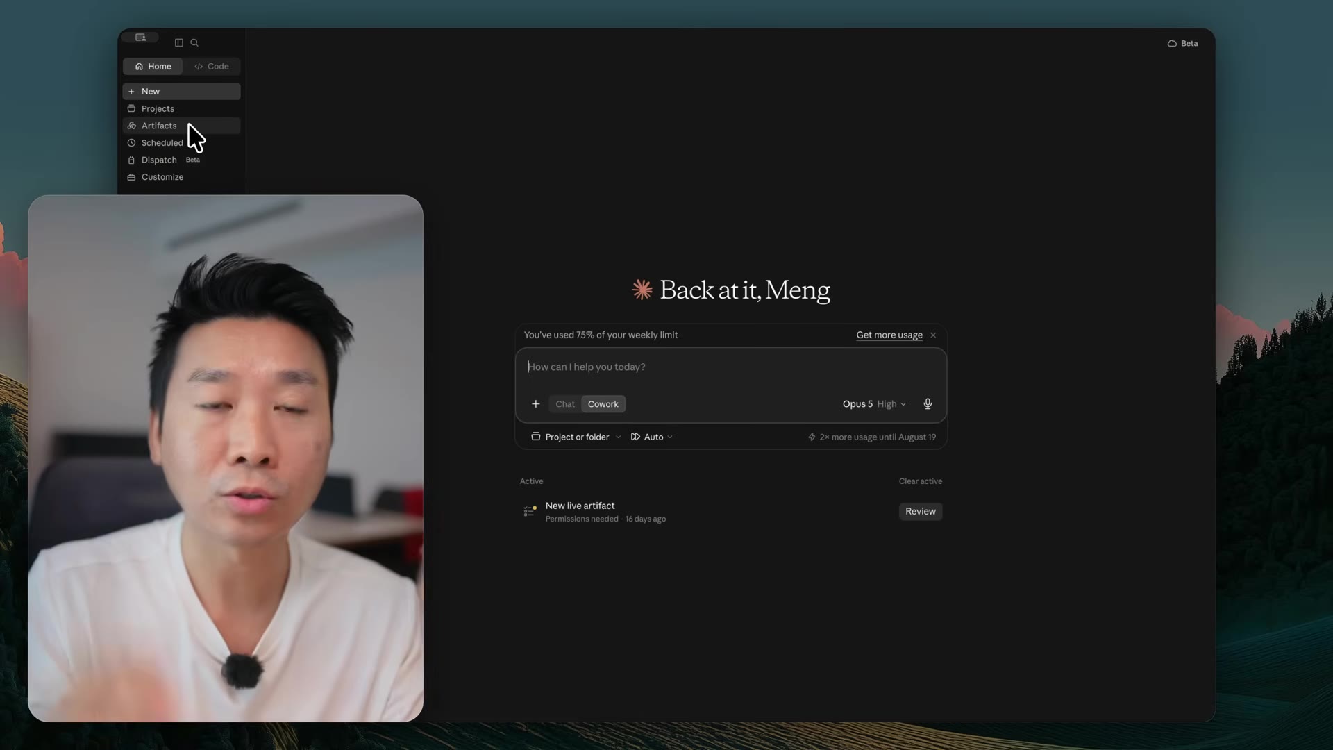 The Claude Code desktop app home screen with Opus 5, Cowork, and Auto mode