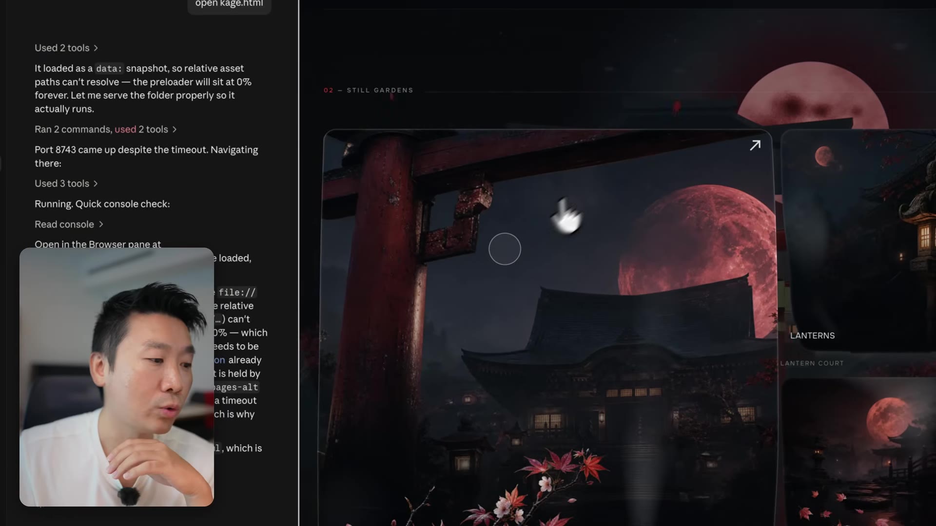 The molded Kage 3D scene: a Japanese temple under a red moon with layered foreground leaves