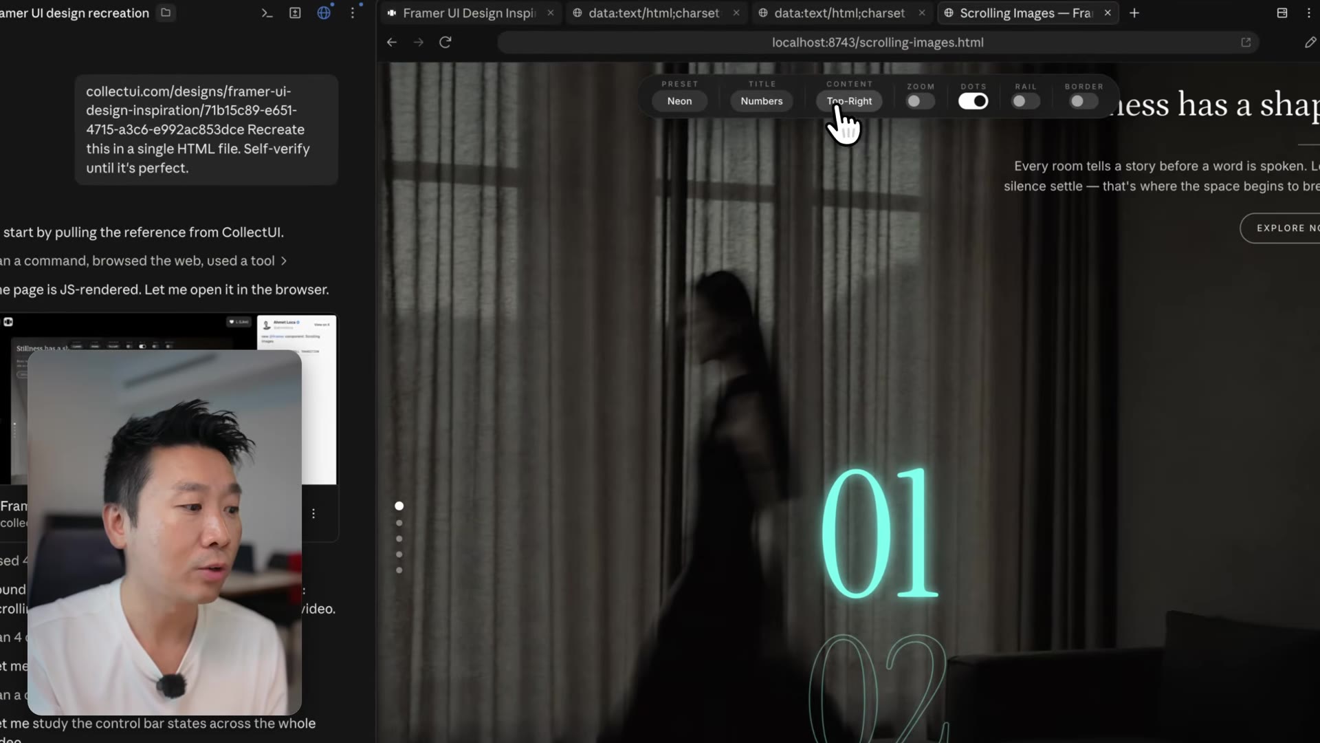 The one short prompt (paste a reference URL, "recreate this in a single HTML file, self-verify until it's perfect") and the recreated scrolling site