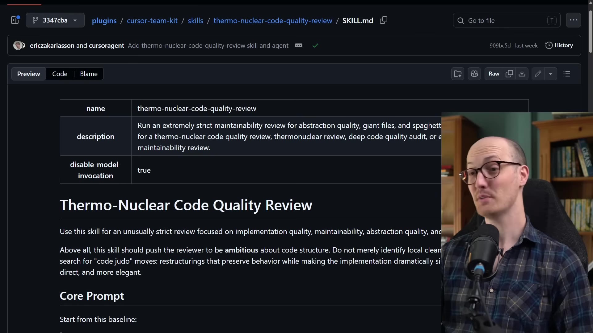 The Cursor thermonuclear skill SKILL.md: name, description, disable-model-invocation: true, and the code judo intro