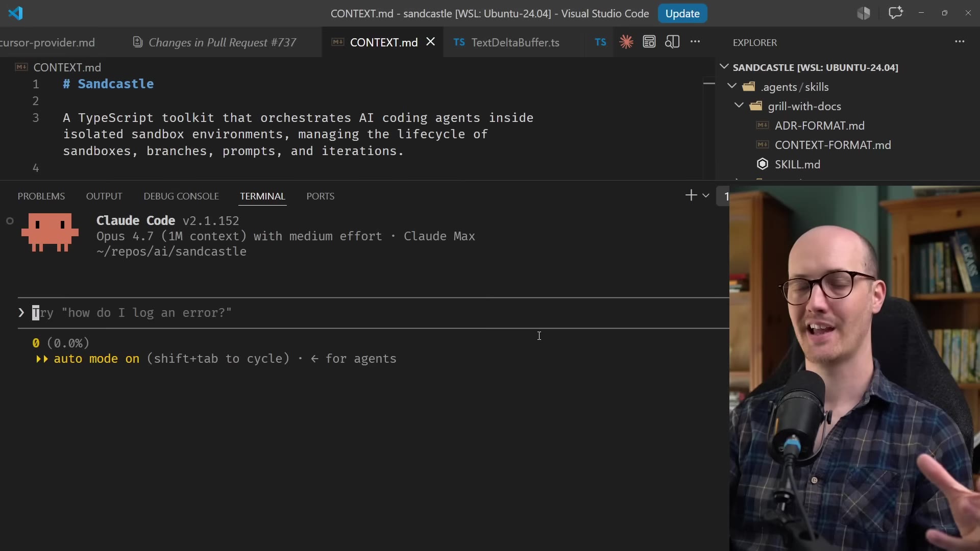 VS Code with the Sandcastle repo, Claude Code v2.1.152 running in auto mode