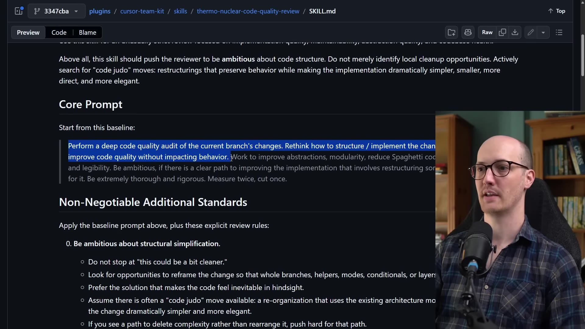 The skill's Core Prompt baseline and the Non-Negotiable Additional Standards header