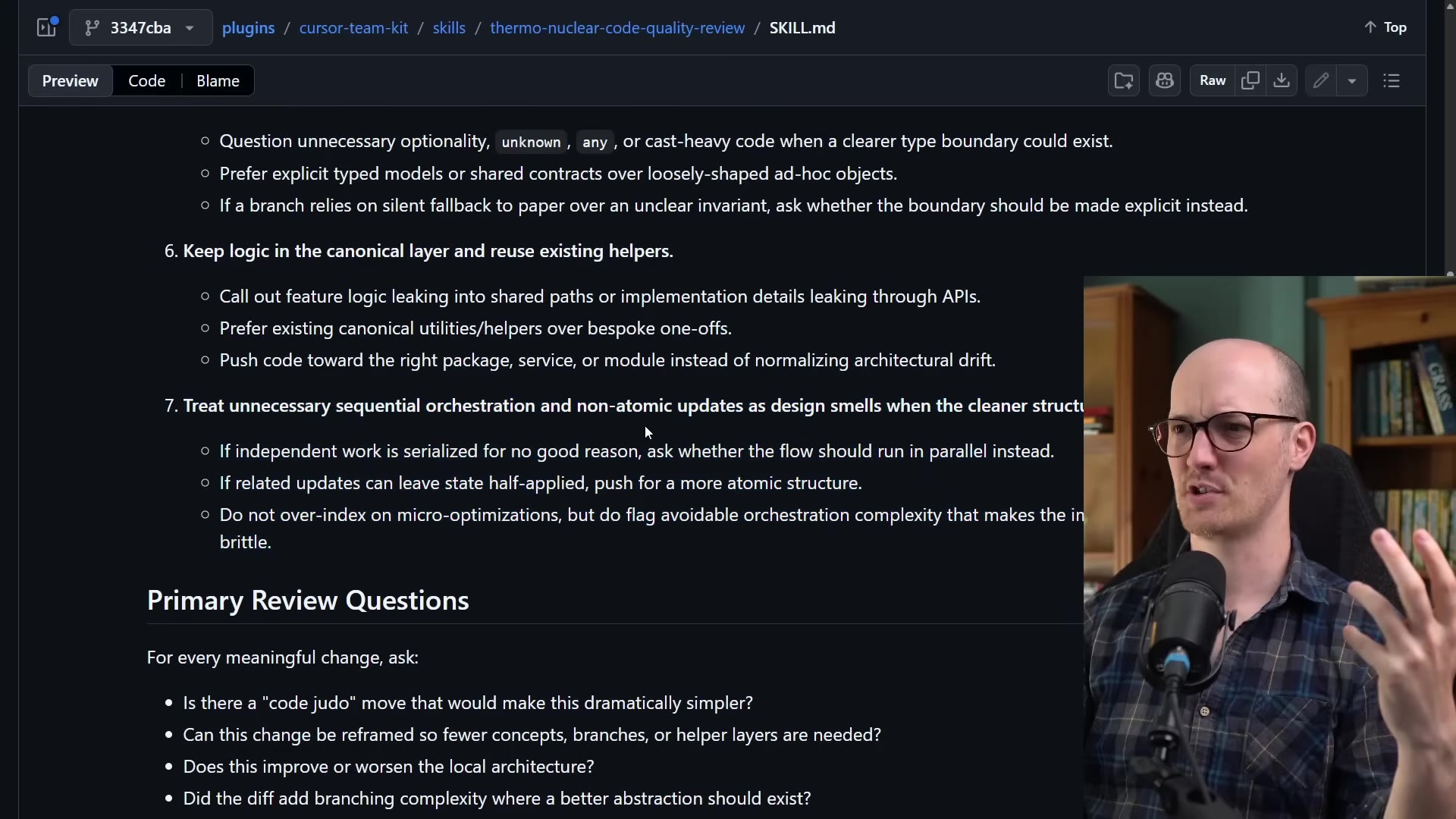 The type-boundary rule (unknown/any), canonical-layer rule, sequential-orchestration rule, and the Primary Review Questions