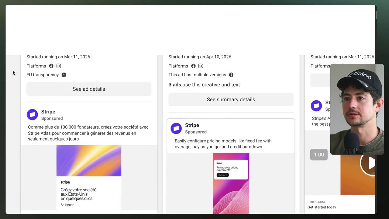 Meta Ad Library results show multiple Stripe sponsored ads with vivid gradient creatives, branded logos, promotional copy, and calls to action.