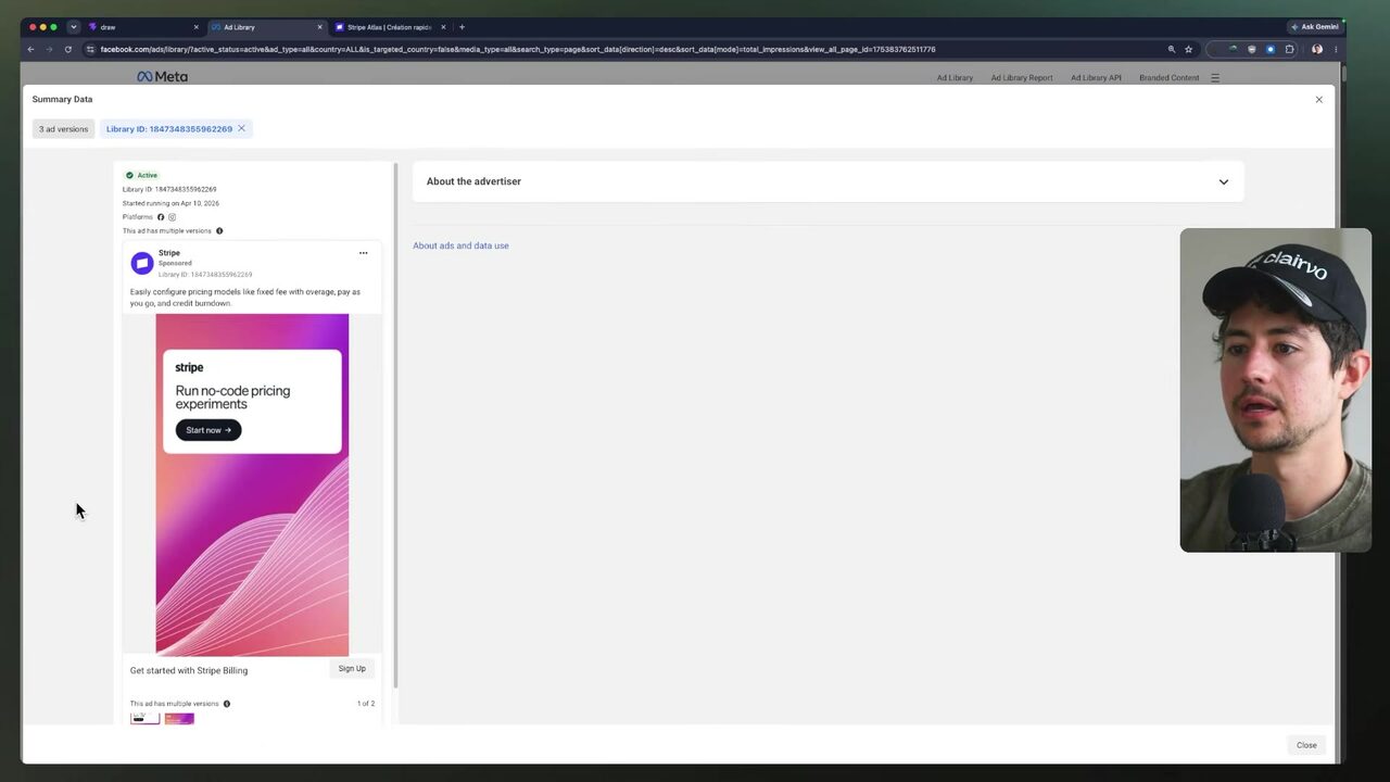 Meta Ad Library displays a colorful Stripe ad preview with smaller alternate thumbnails in the left panel beside a mostly blank detail workspace.