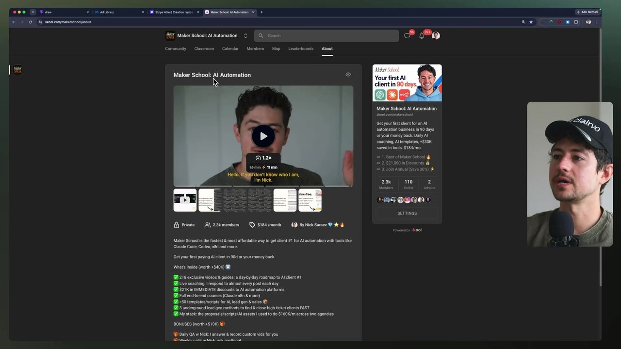 Maker School: AI Automation community course page showing a presenter video preview with a play button and course details sidebar.
