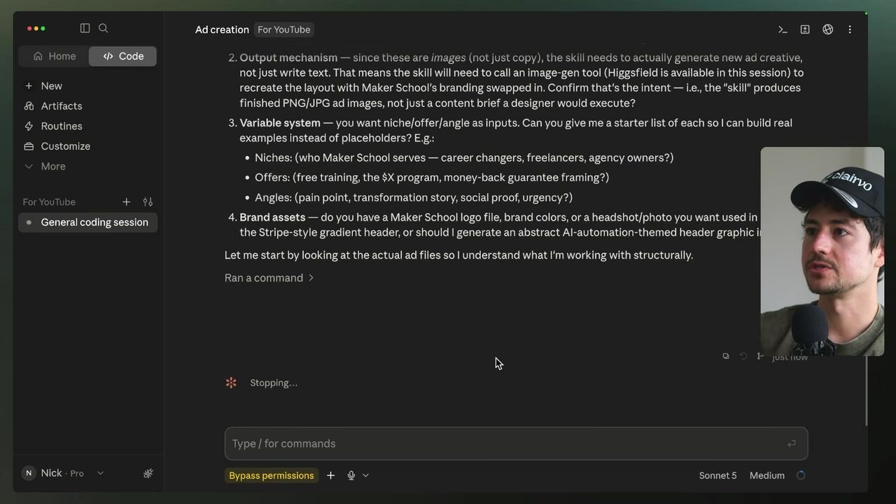 A dark Claude Code workspace displays a long marketing-automation response above an open command composer.