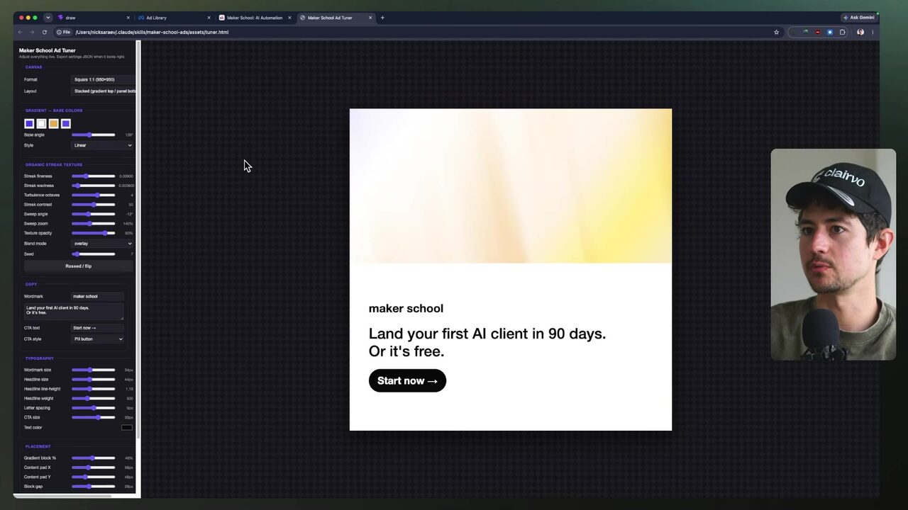 Maker School Ad Tuner displays gradient, texture, blend, seed, and typography controls alongside a live square ad preview.