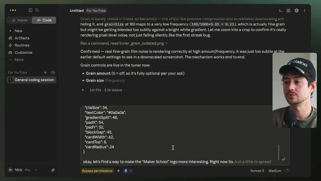 A dark Code chat view displays generated explanatory text above a large monospaced block of quoted design fields.
