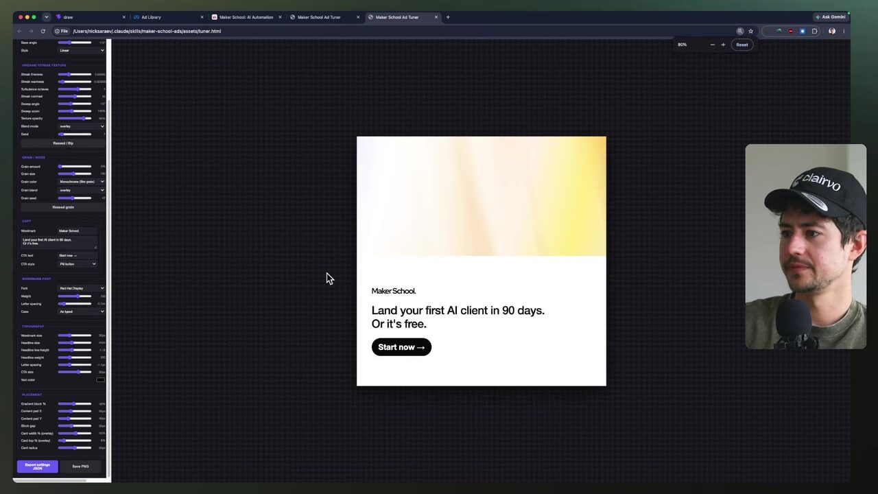 A dark Maker School Ad Tuner workspace displays one centered white promotional card reading “Land your first AI client in 90 days. Or it's free.”