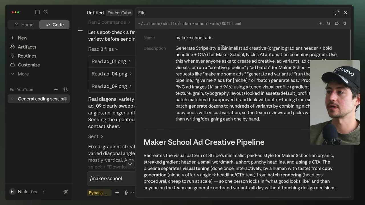 Claude’s file viewer displays the maker-school-ads SKILL.md instructions for generating Stripe-style Maker School ads with an organic gradient header, bold headline, and CTA.