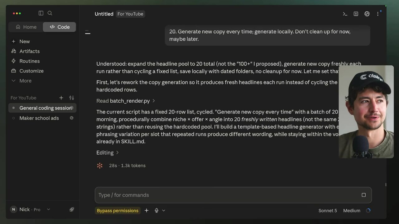 Dark Claude Code chat editor displaying a detailed response about generating fresh headlines and content workflows, with the message composer visible below.