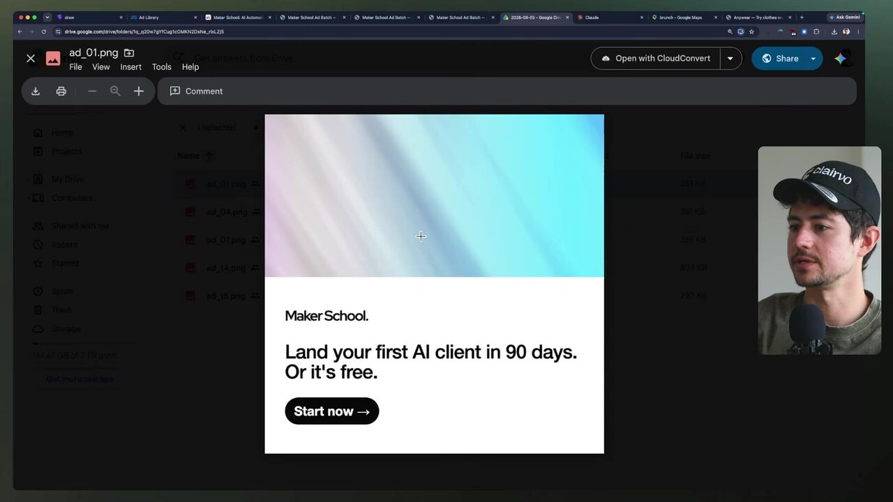 Google Drive displays the uploaded Maker School ad image ad_01.png alongside other ad PNG files.