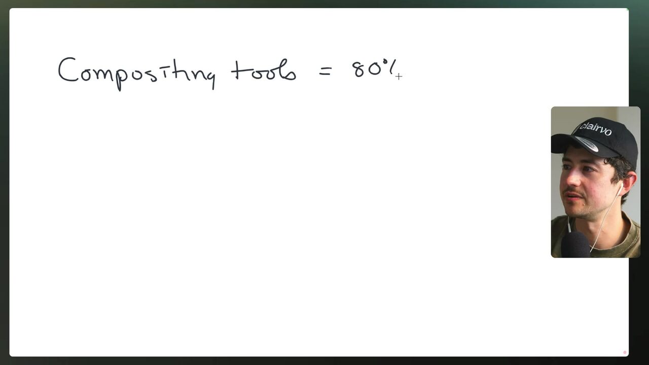 A white handwritten slide states “Compositing tools = 80%” beside a small video inset of the speaker.