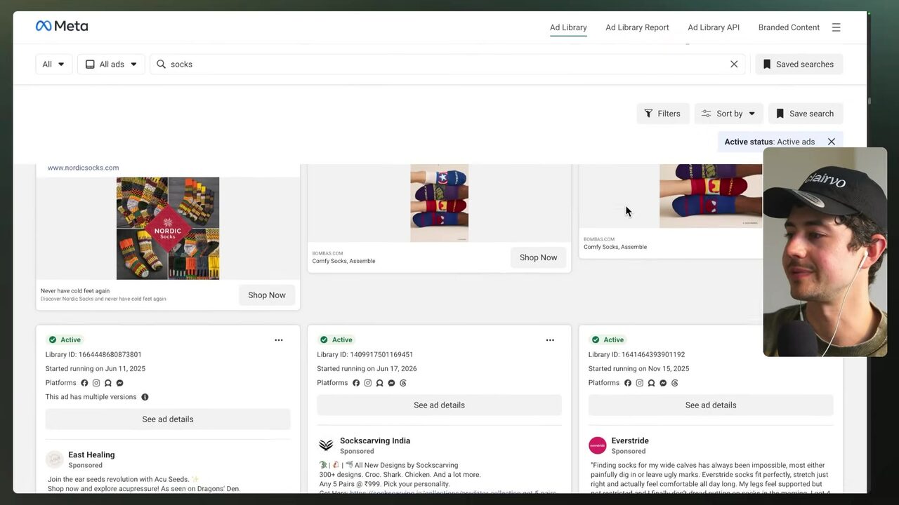 Meta Ad Library search results show a Nordic Socks static image ad with a centered logo arranged across four panels.