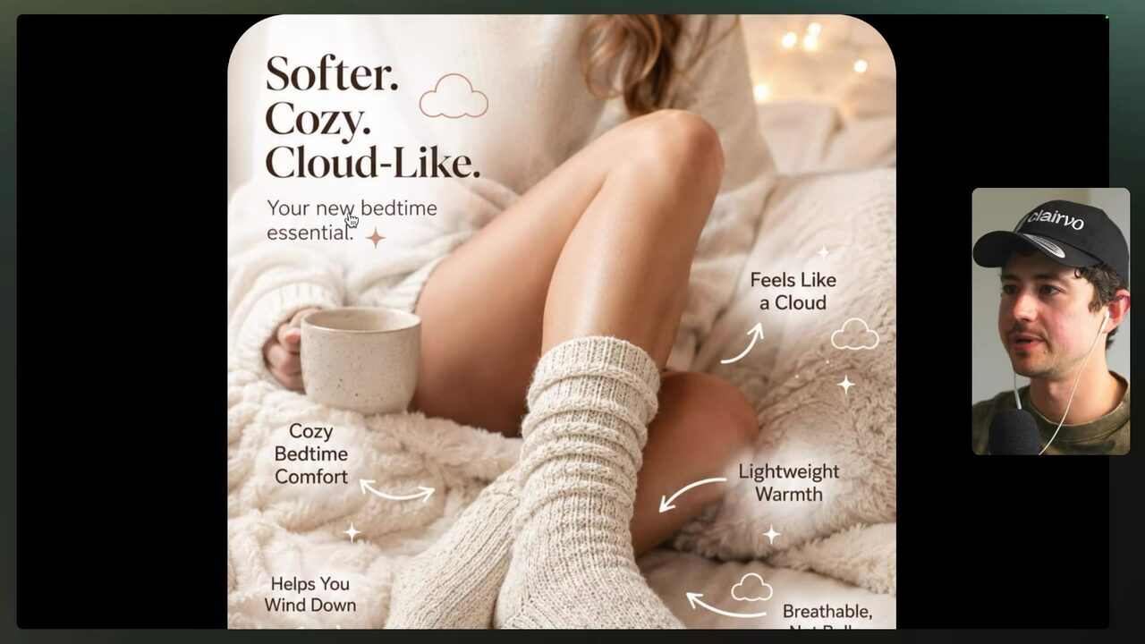 Generated Cloud Socks ad featuring cozy bedtime imagery and the headline “Softer. Cozy. Cloud-Like. Your new bedtime essential.”