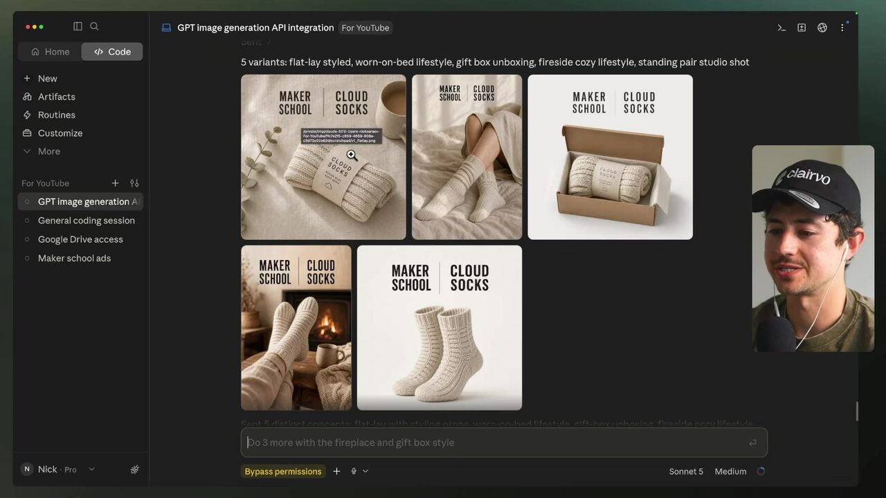 Claude Code displays five Maker School Cloud Socks ad variants featuring branded logos, product images, and distinct lifestyle and studio layouts.