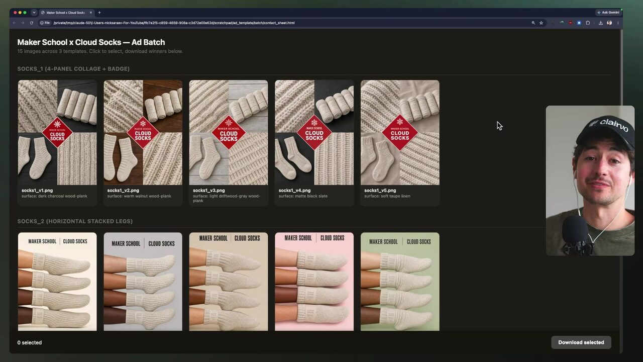 A dark browser catalog displays two rows of Cloud Socks product thumbnails, with textile collages and prominent red diamond labels.