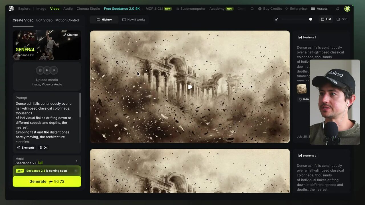 Higgsfield's Video History displays a prior clip of dense ash falling over classical architecture.