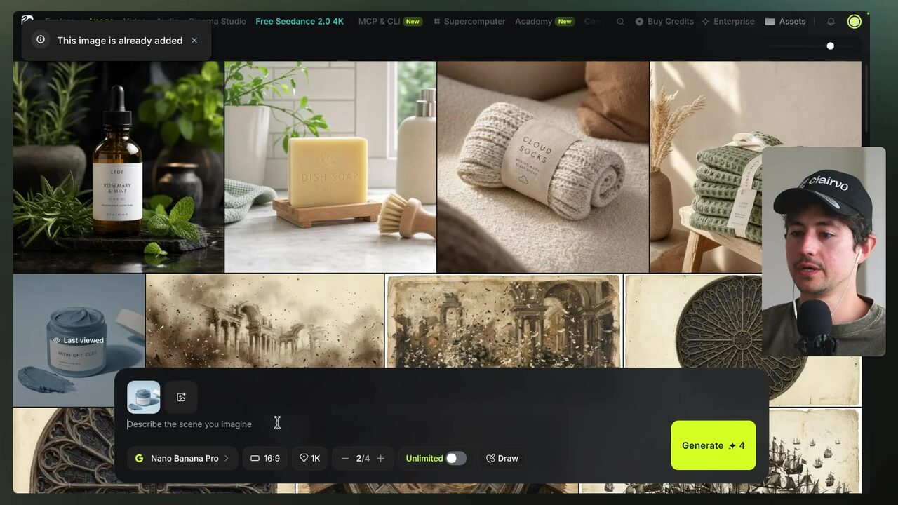 Higgsfield's Image tab displays previously generated images, including the last-viewed MIDNIGHT CLAY image.