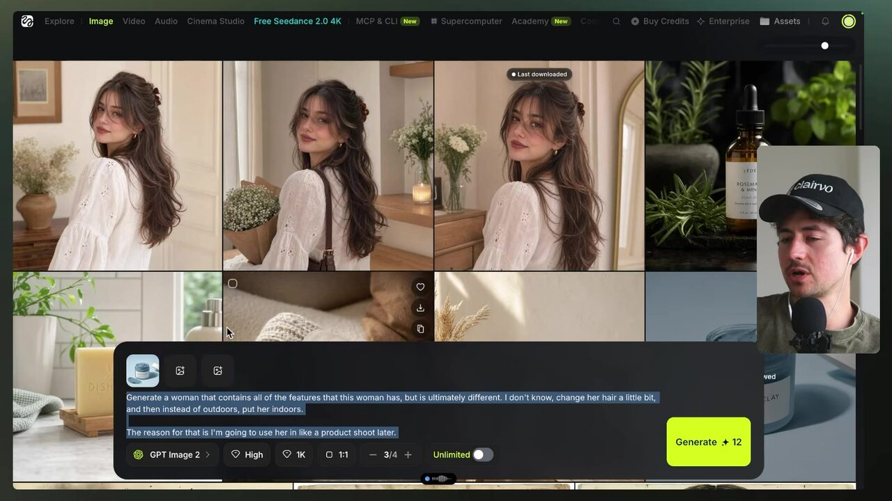 A grid of three generated women in matching white outfits shows subtle facial variations, with the third image marked "Last downloaded."