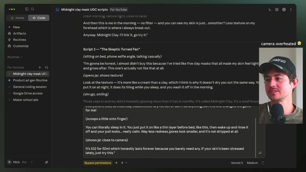 Claude Code displays the "Midnight clay mask UGC scripts" document with Script 3, "The Skeptic Turned Fan," visible.