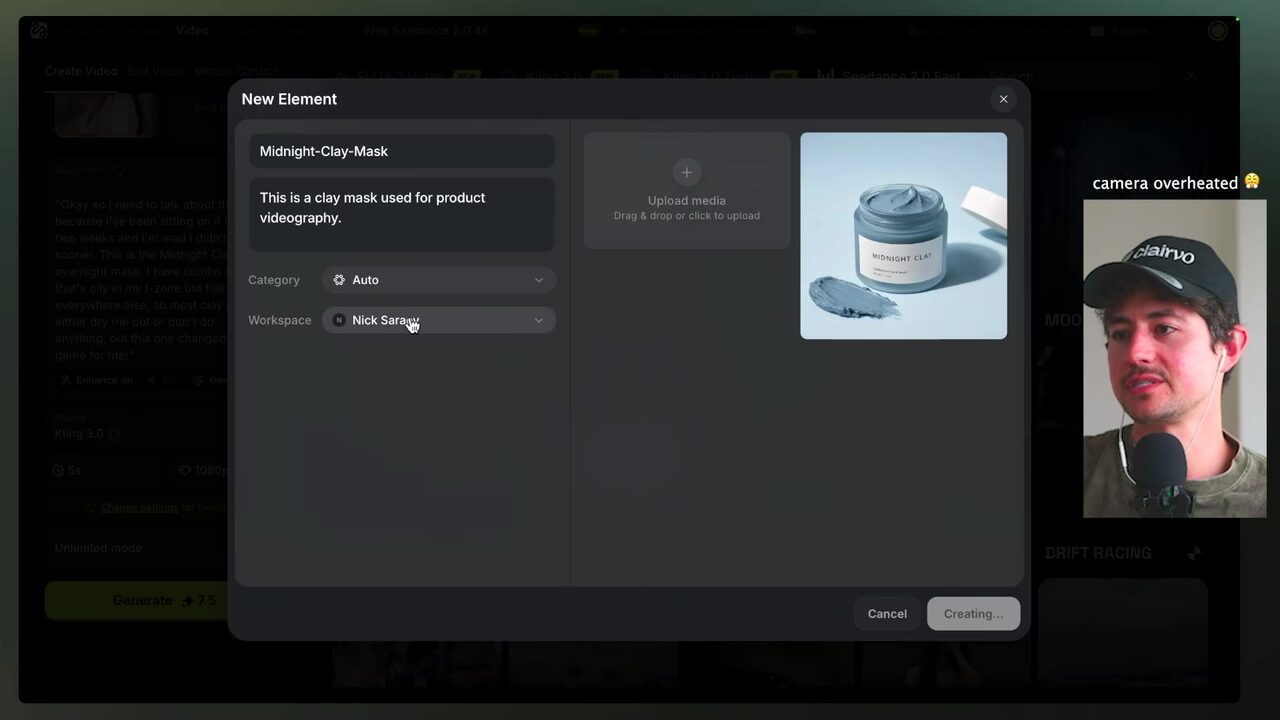 Higgsfield's New Element dialog shows the Midnight-Clay-Mask product image and the description "This is a clay mask used for product videography."