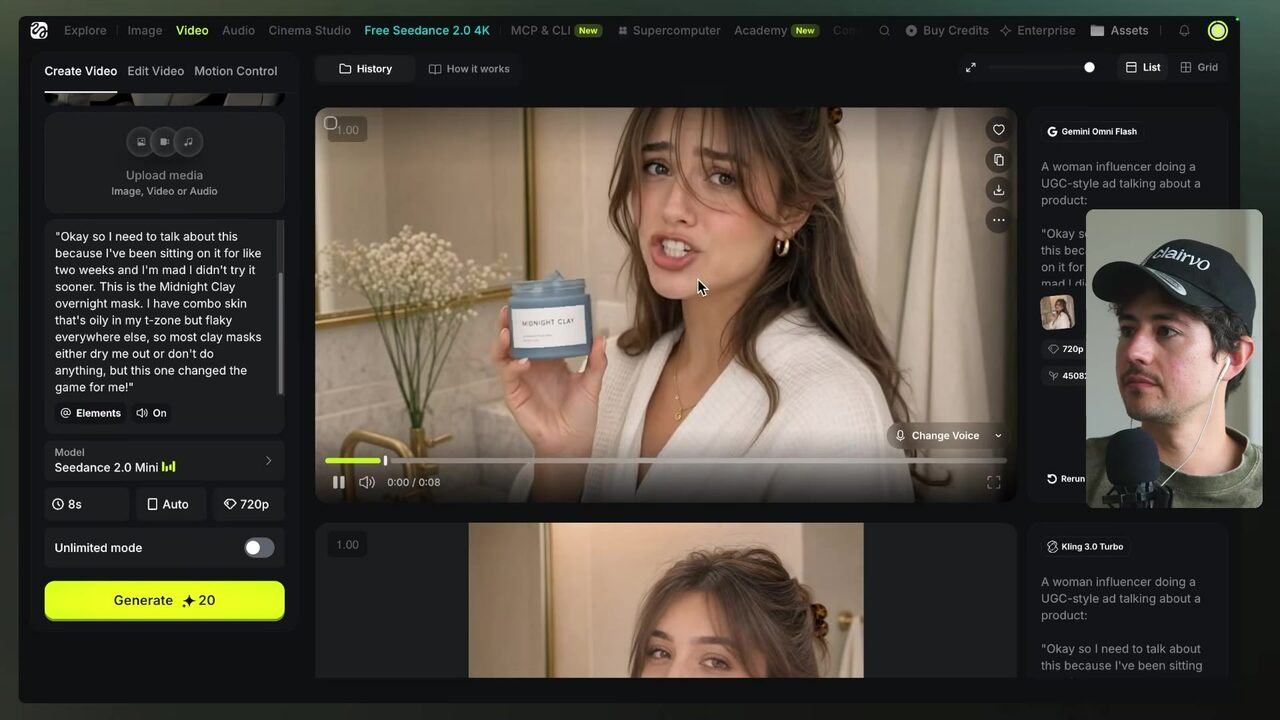 A woman presents a Midnight Clay overnight mask in a short UGC-style video ad.