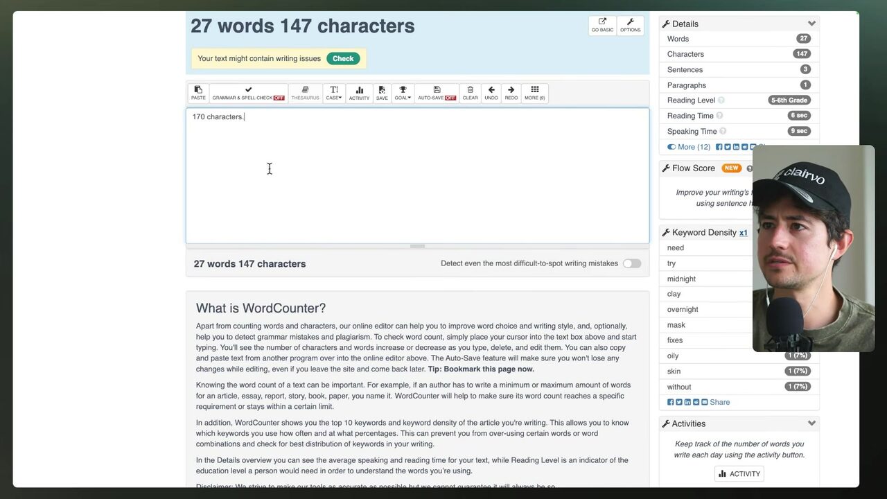 The WordCounter tool displays the working script at 27 words and 147 characters.