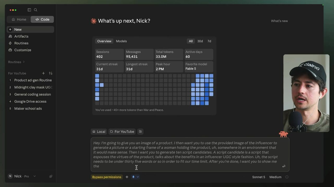 Claude Code displays a voice-dumped prompt requesting a woman-holding-product starting frame and ten influencer-UGC script candidates under thirty-five words.