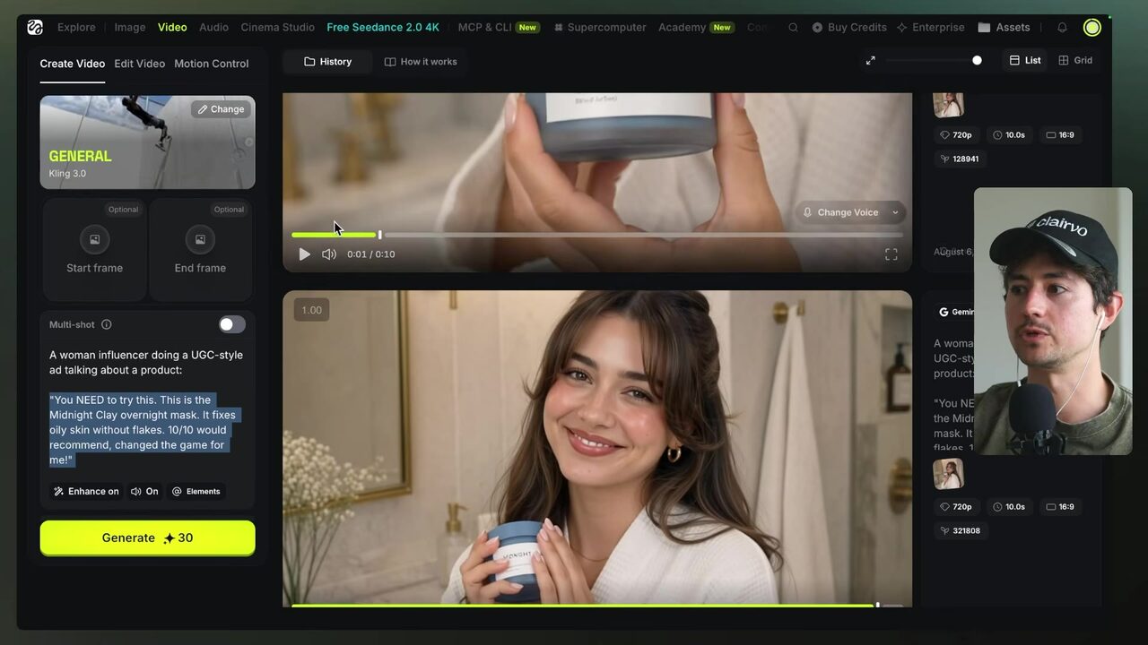 An AI-generated woman smiles while holding the Midnight Clay overnight face mask in a bathroom-style hero shot.