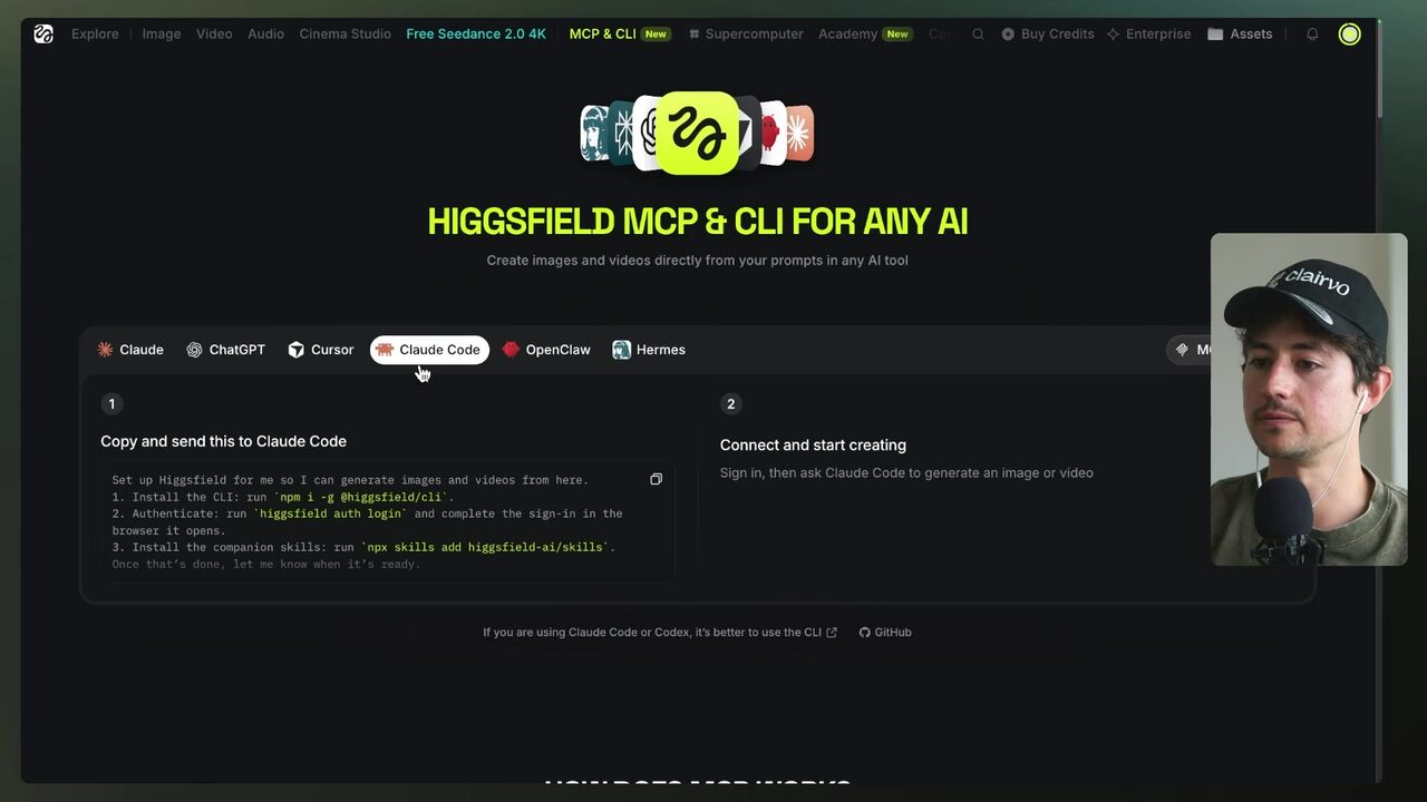 Higgsfield's MCP & CLI page shows Claude Code setup instructions with a copyable command block for installing the CLI and companion skills.