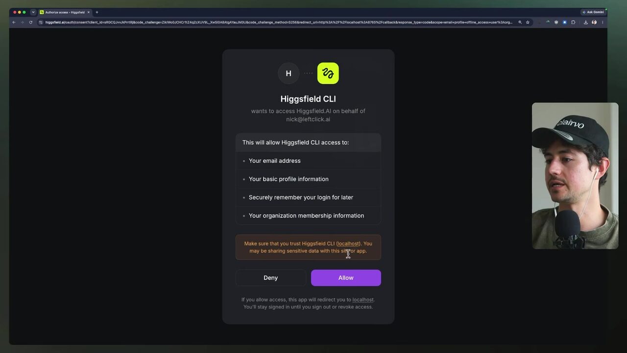 Higgsfield CLI requests browser authorization to access the user's Higgsfield account, with Deny and Allow options visible.