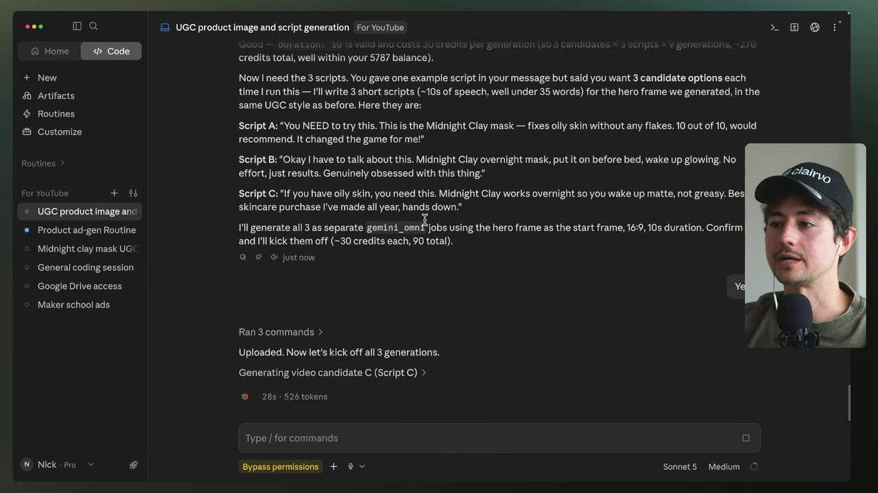 Claude Code displays three midnight clay mask script candidates, including the requested oily-skin and no-flakes claim.
