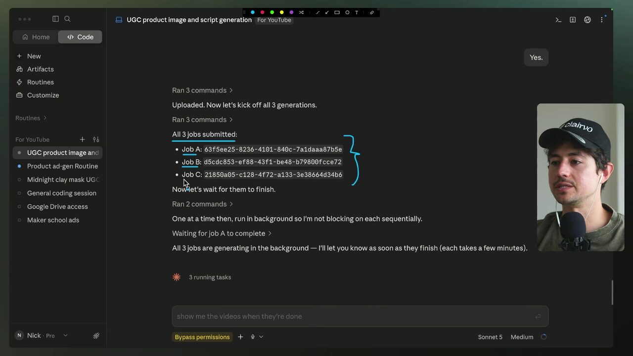 The Claude Code screen shows Jobs A, B, and C submitted and generating concurrently in the background.