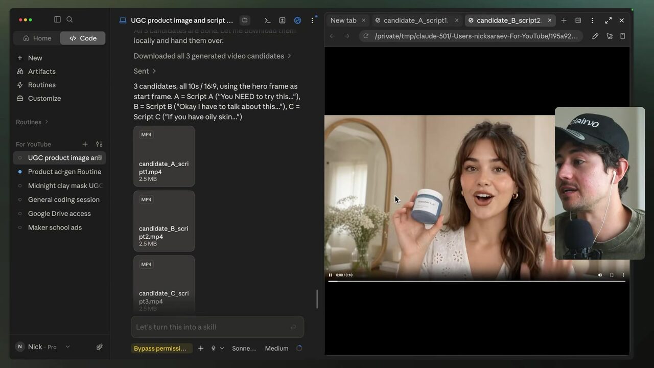 Candidate B video plays in the browser, showing a woman presenting the Midnight Clay mask with a 10-second playback timeline.