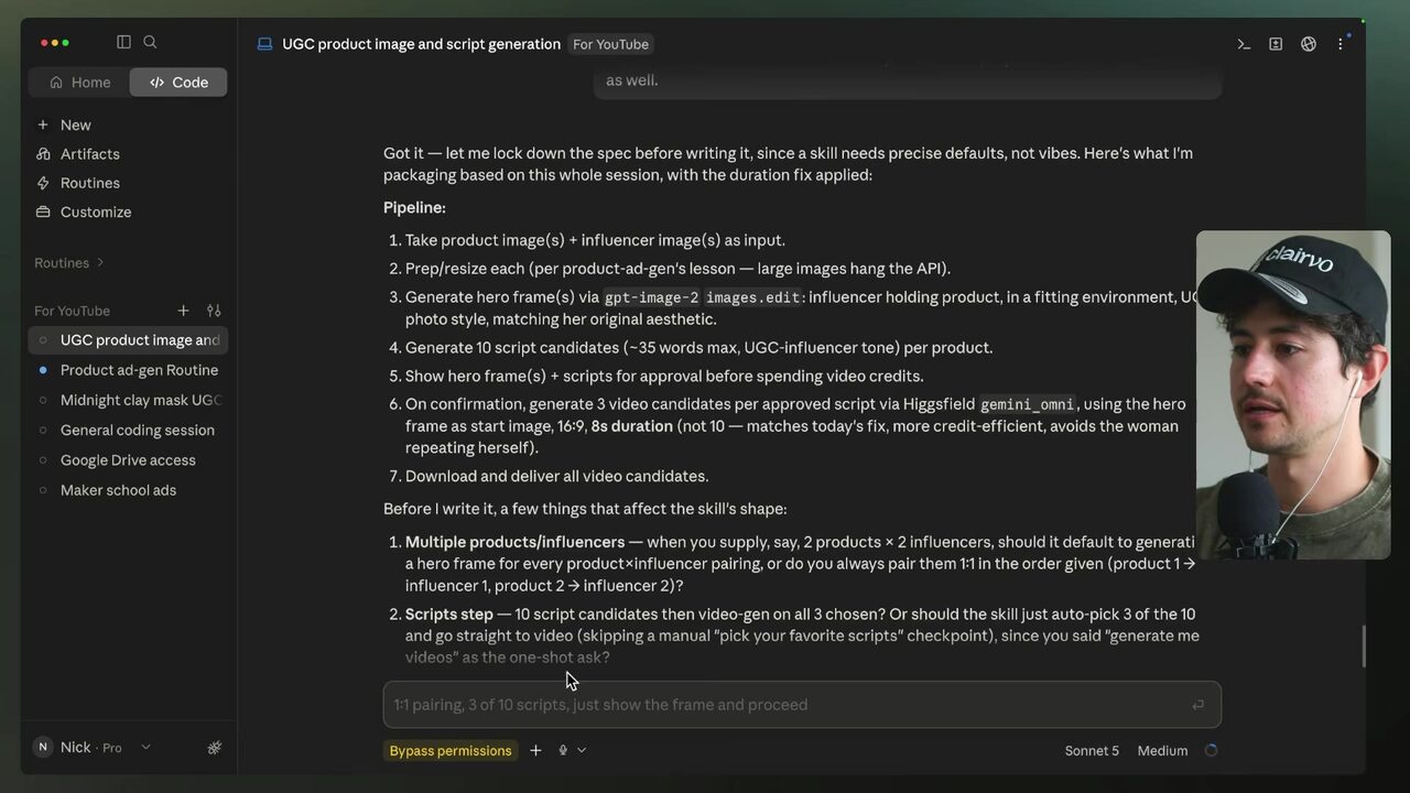 Claude Code displays the UGC product-image and script-generation pipeline from image intake and resizing through hero-frame and 10-script generation with approval.