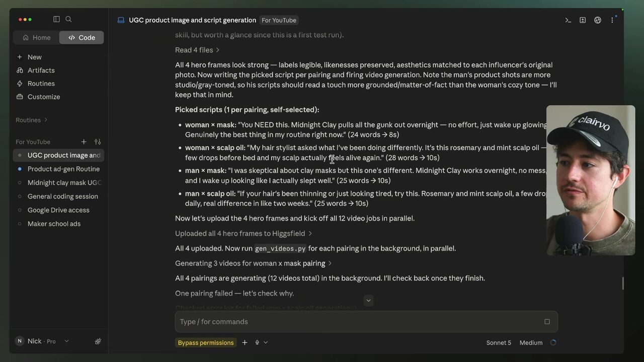 Claude Code displays the selected woman × mask and woman × scalp oil marketing scripts in the generated-script list.