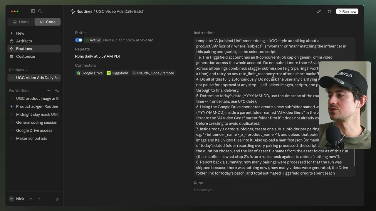 The active UGC Video Ads Daily Batch routine shows Google Drive folder-creation and asset-upload instructions.