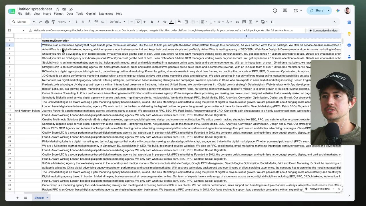 Google Sheets column with company descriptions