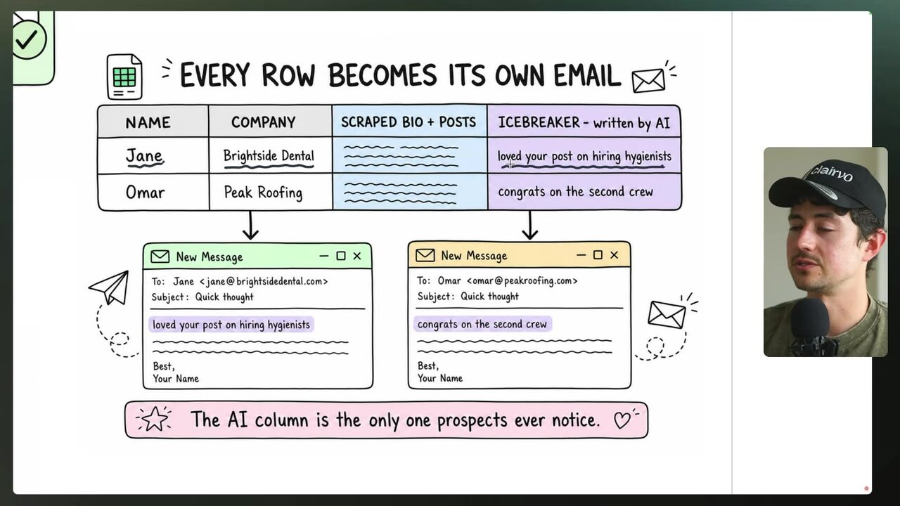 Slide titled “EVERY ROW BECOMES ITS OWN EMAIL”