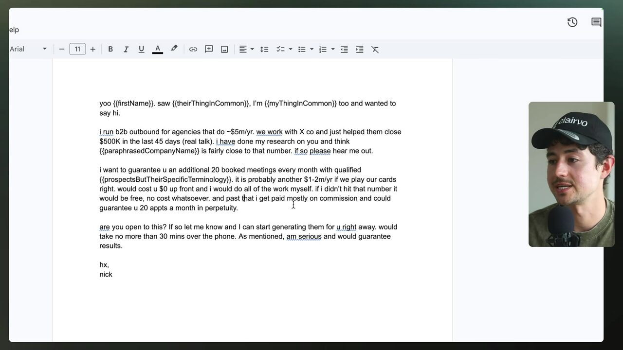 A Google Docs frame displays the complete personalized cold email template, including the outbound offer, guarantees, call to action, and sign-off