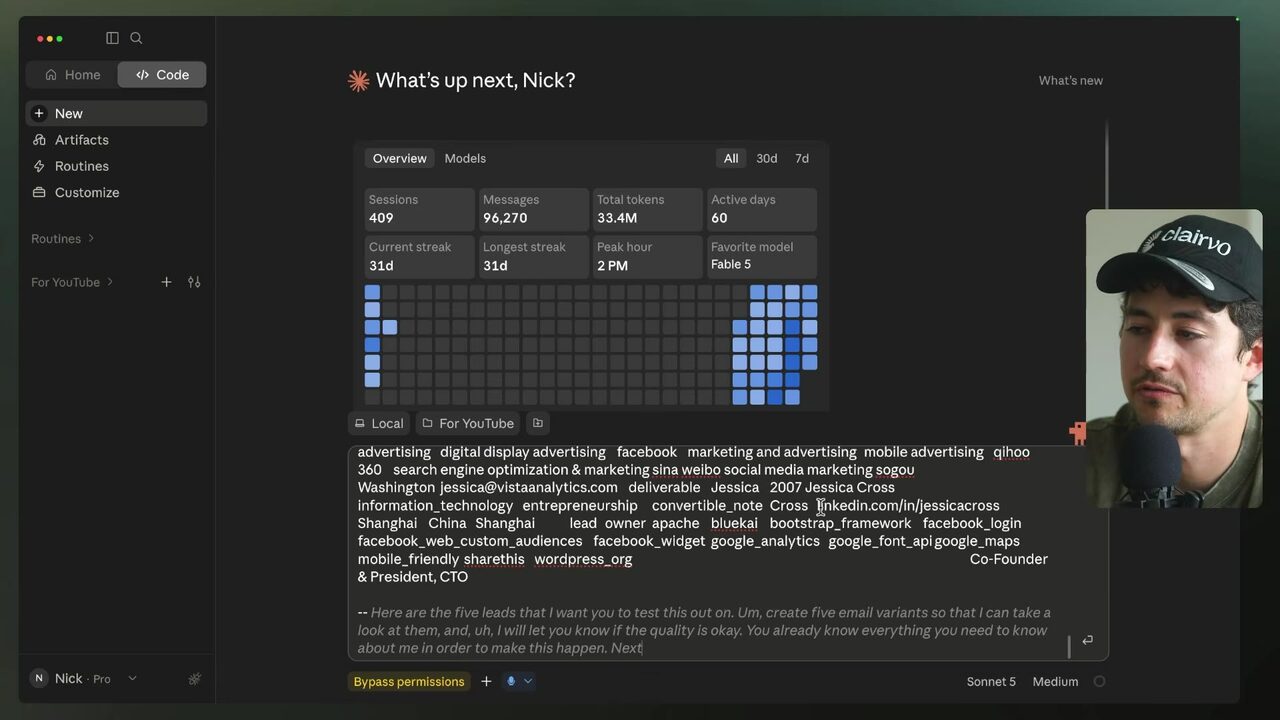 A dark Claude Code screen displays a blue cell-like activity grid above dense prospect data and a request to create five email variants