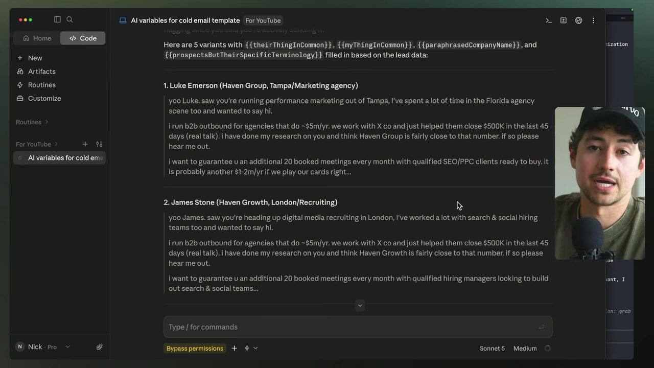 Claude displays a personalized cold-email variant for Luke Emerson of Haven Group, referencing his Tampa performance-marketing work and the Florida agency scene