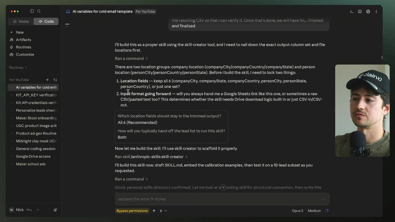 Dark AI chat displays a detailed outreach-validation workflow with numbered location and input-format checks alongside the conversation list