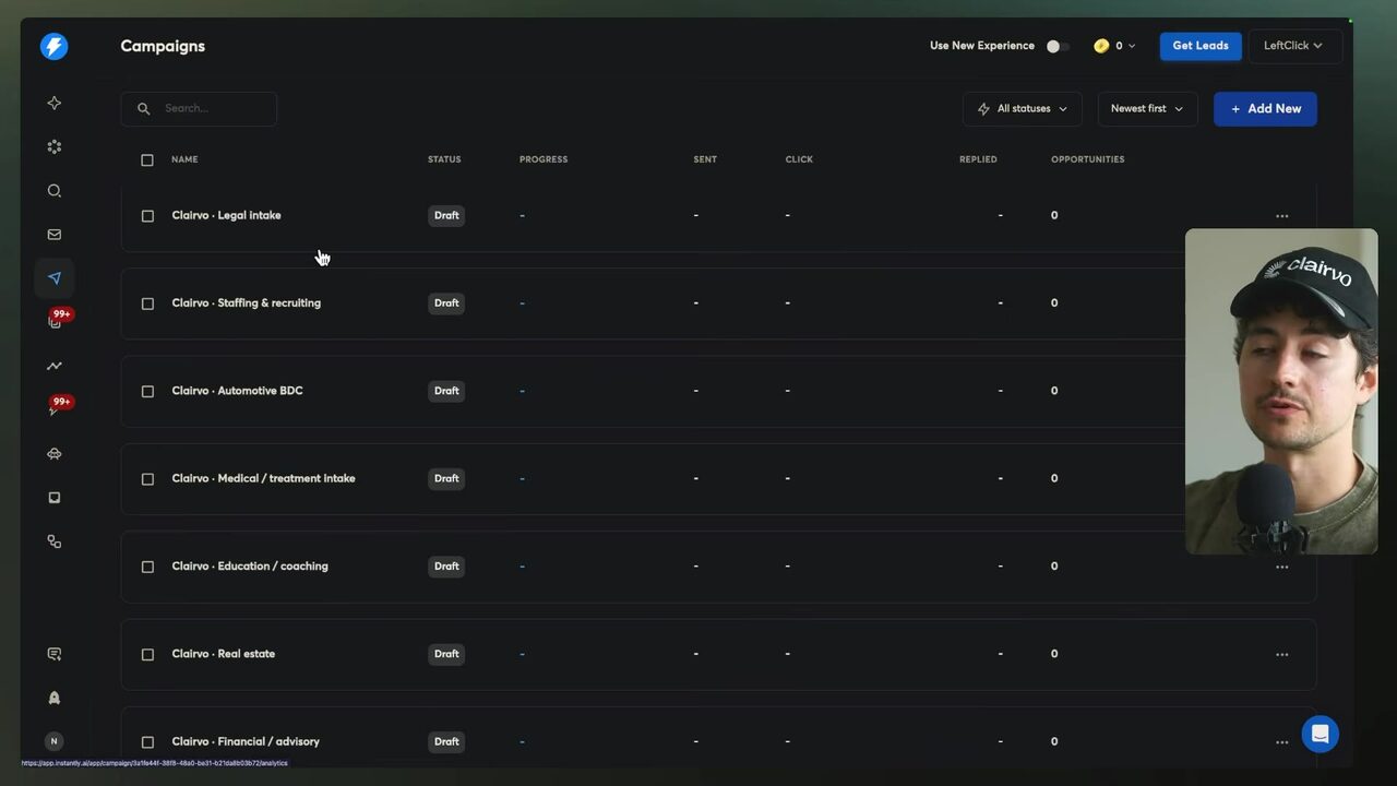 The Instantly Campaigns dashboard lists Clarvo campaigns including Legal intake, Staffing & recruiting, and Automotive BDC