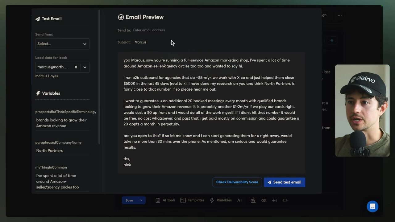 Instantly's Email Preview displays personalized campaign copy and variables for the Marcus Hayes lead, with Marcus shown as the resolved subject
