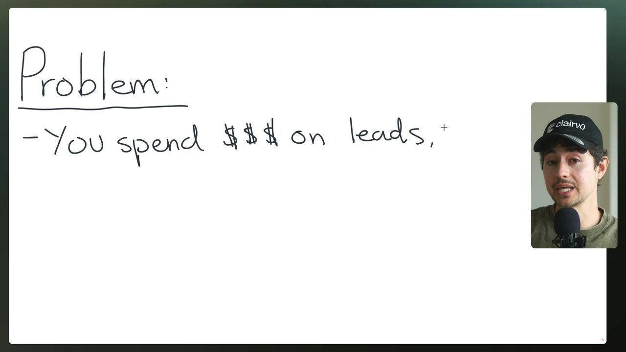 A whiteboard introduces the problem with a large "Problem:" heading and the handwritten statement "You spend $$$ on leads,"